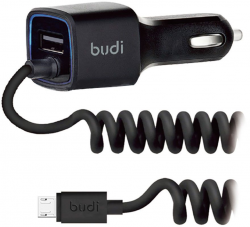 BUDI Car charger Blue Led MicroUsb 1.2 m + 1USB 2.4A Black Фото BUDI Car charger Blue Led MicroUsb 1.2 m + 1USB 2.4A Black