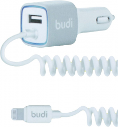 BUDI Car charger Blue Led Lightning 1.2 m + 1USB 2.4A White Фото BUDI Car charger Blue Led Lightning 1.2 m + 1USB 2.4A White