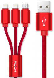 Rock 3 in 1 charging cable w/ version A/USBA TO lightning+lightning+micro/ 1,8M Red Фото Rock 3 in 1 charging cable w/ version A/USBA TO lightning+lightning+micro/ 1,8M Red