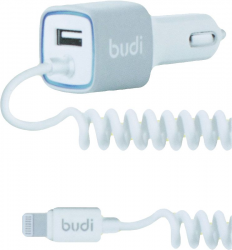  BUDI Car charger Blue Led Lightning 1.2 m + 1USB 2.4A White